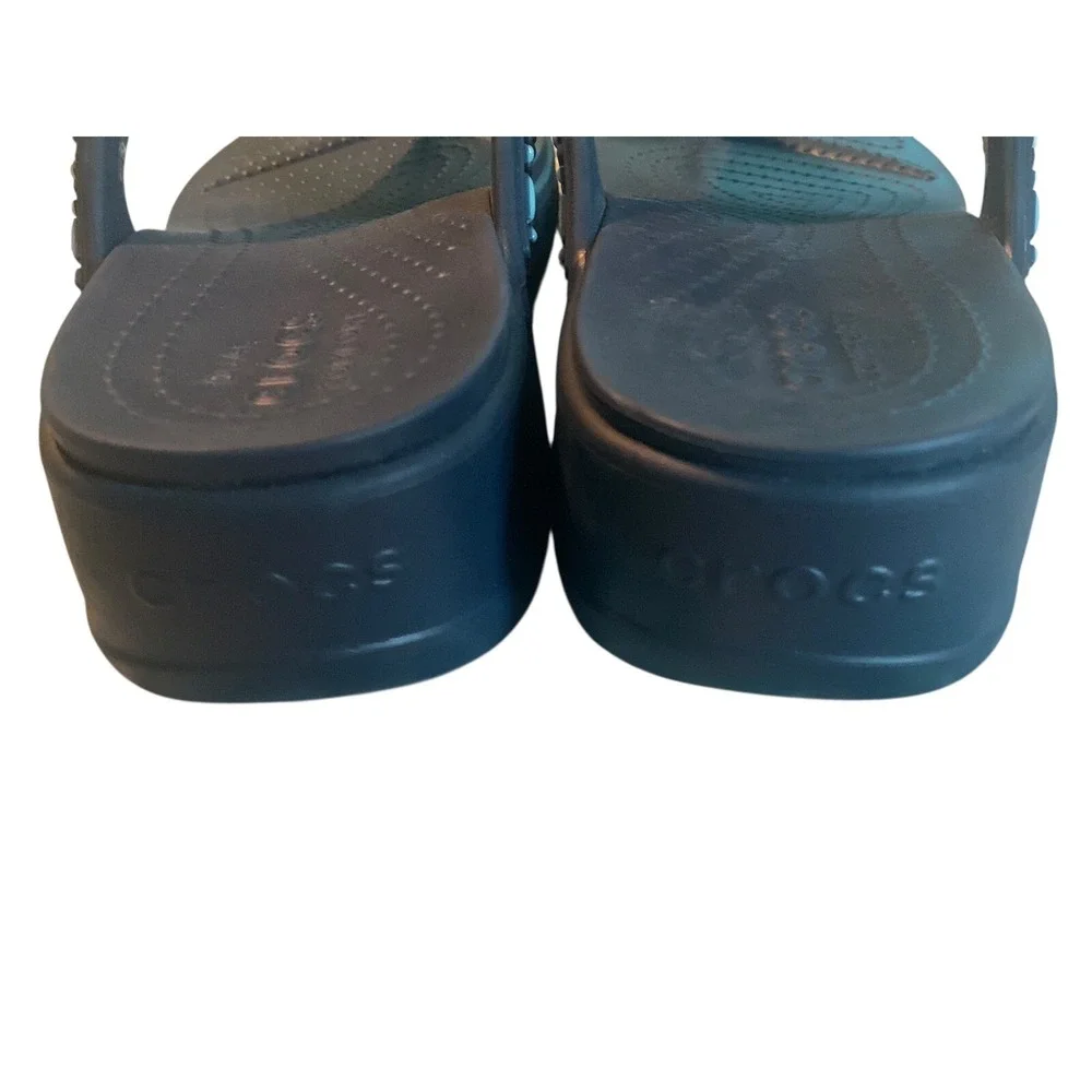Crocs Wedge‎ Sandals Womens 11 Blue Monterey Diamante Flip Flops Thong Beaded